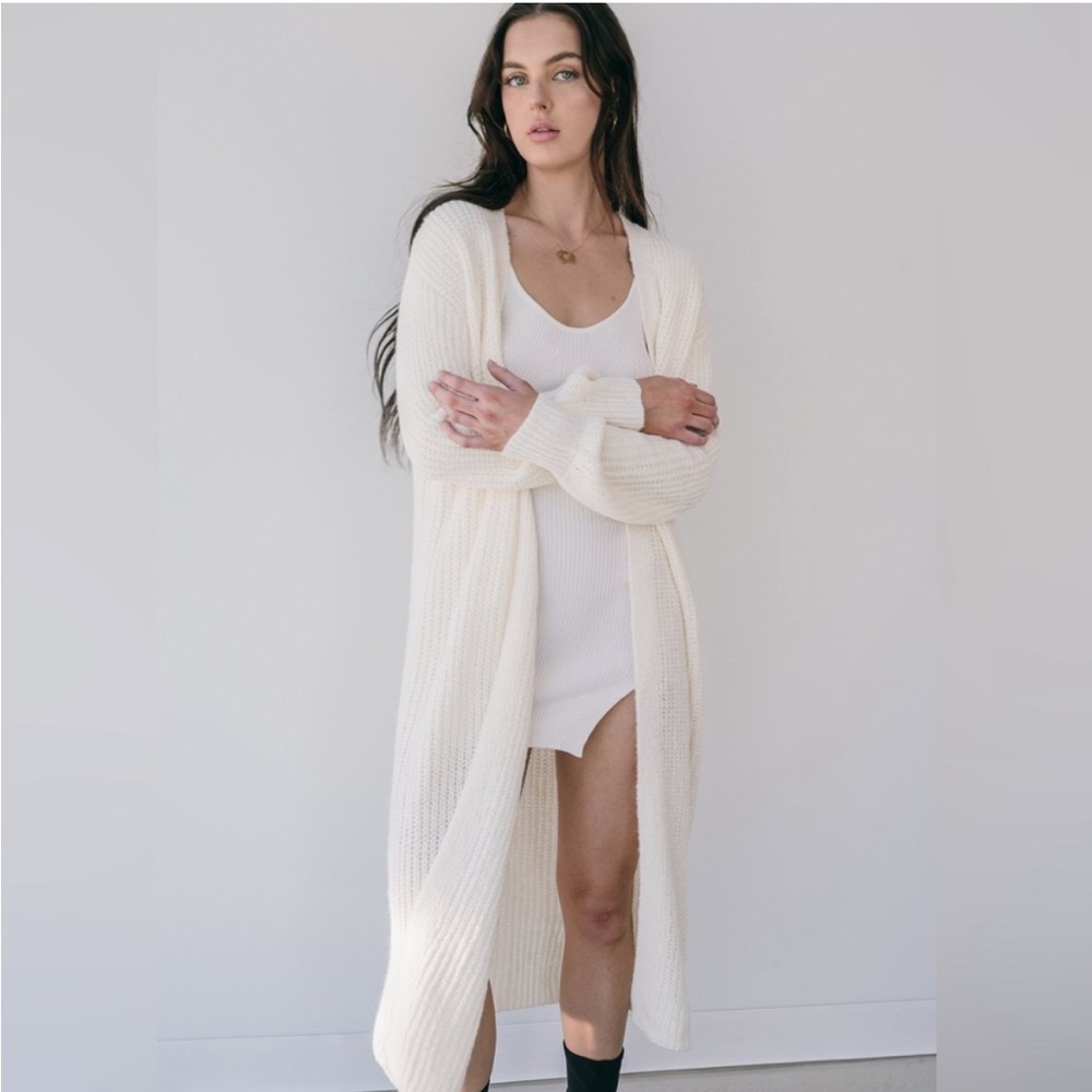 Okakie Oversized Knit Open Front Duster Maxi Cardigan Ivory Cream size Small